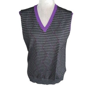 ETRO Milano Gray & Purple Striped Argyle Sleeveless V-Neck Wool Knit Vest - L